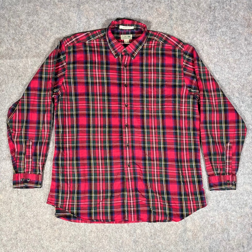 LL Bean Flannel Shirt Mens XL Red Plaid Stewart Tartan Traditional Fit 228061